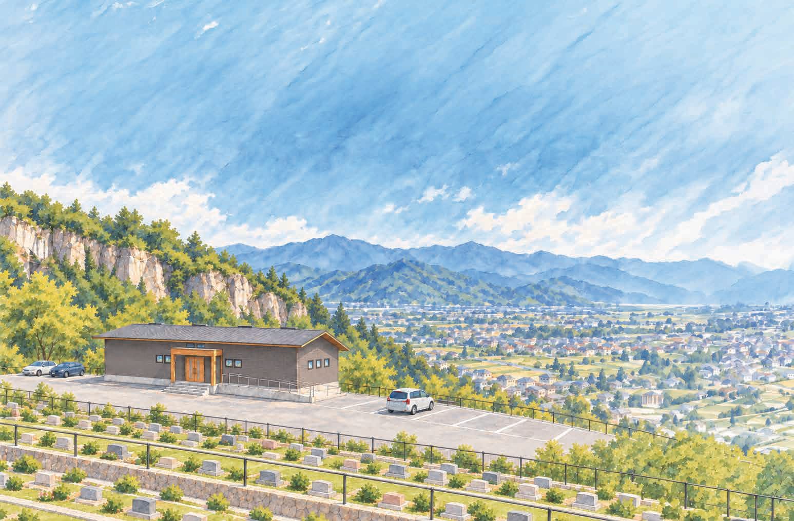 竜山の緑と岩肌を背に建つ、やすらぎの泉の外観と、眼下に広がる街並みを描いた水彩画